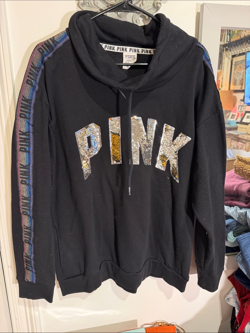 PINK Victoria's Secret Black Hoodie with Iridescent Sequin Logo